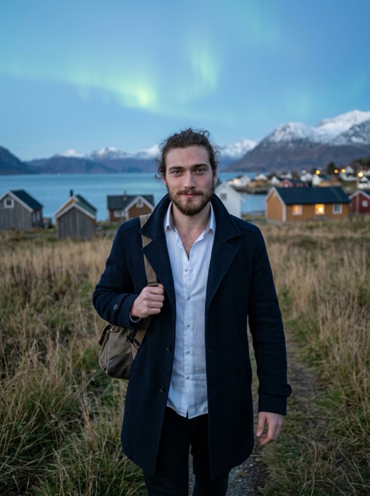 Sullyvan marche sur un sentier, un village au bord d'un fjord derrière lui